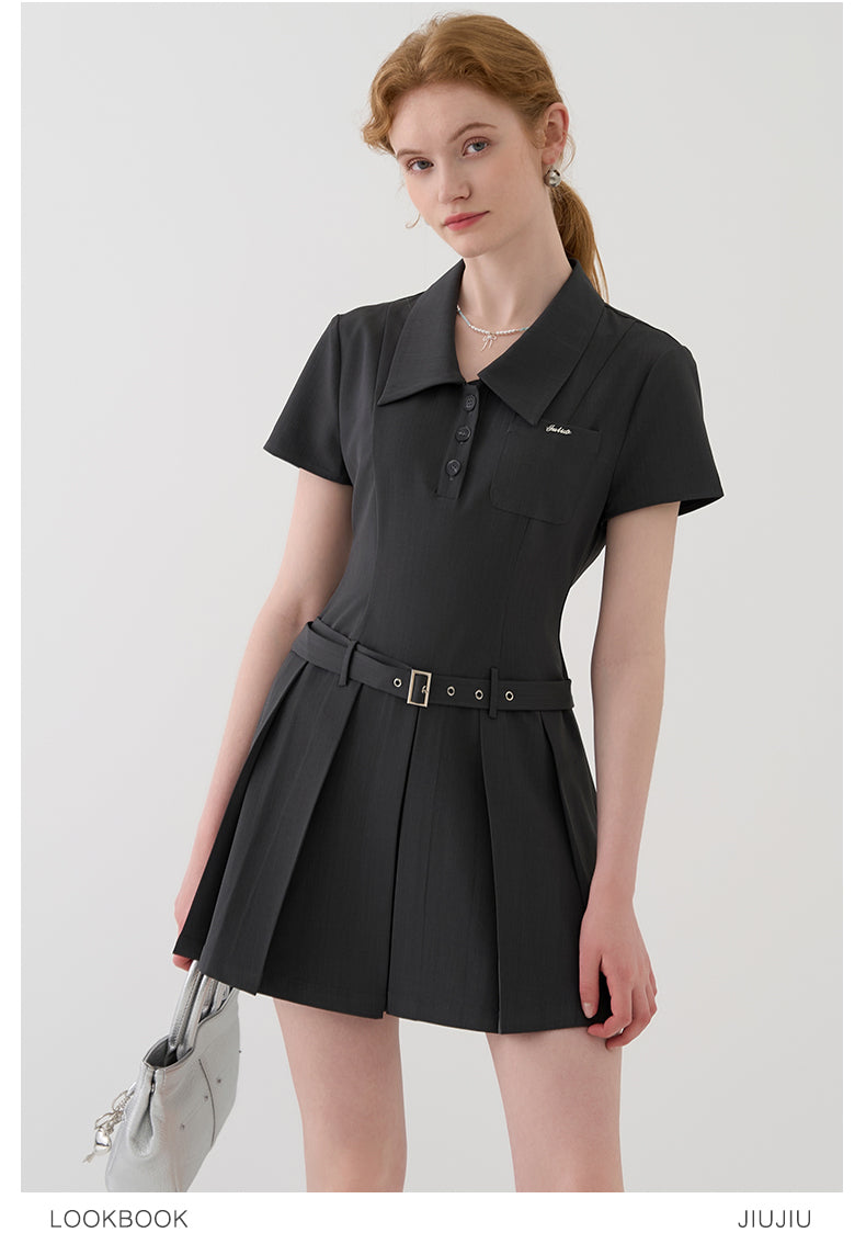 Pleated Skirt Shirt Dress With Waist Belt
