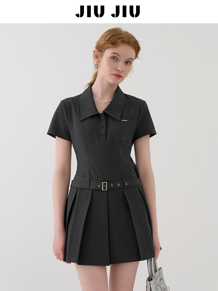 Pleated Skirt Shirt Dress With Waist Belt