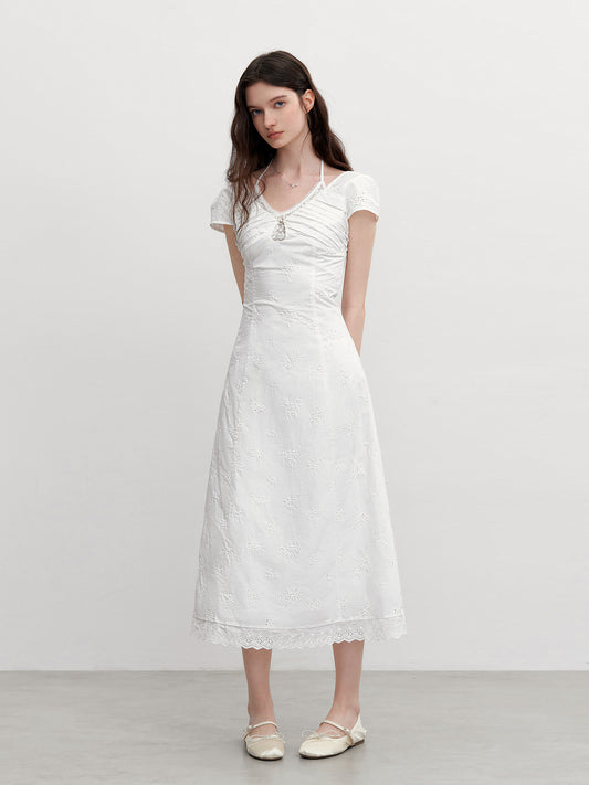 Floral Cotton Embroidered Dress With Pleated Detail
