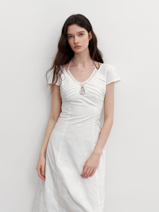 Floral Cotton Embroidered Dress With Pleated Detail