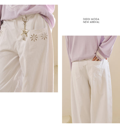 Floral Cutout Pocket Relaxed Fit Curved Pants