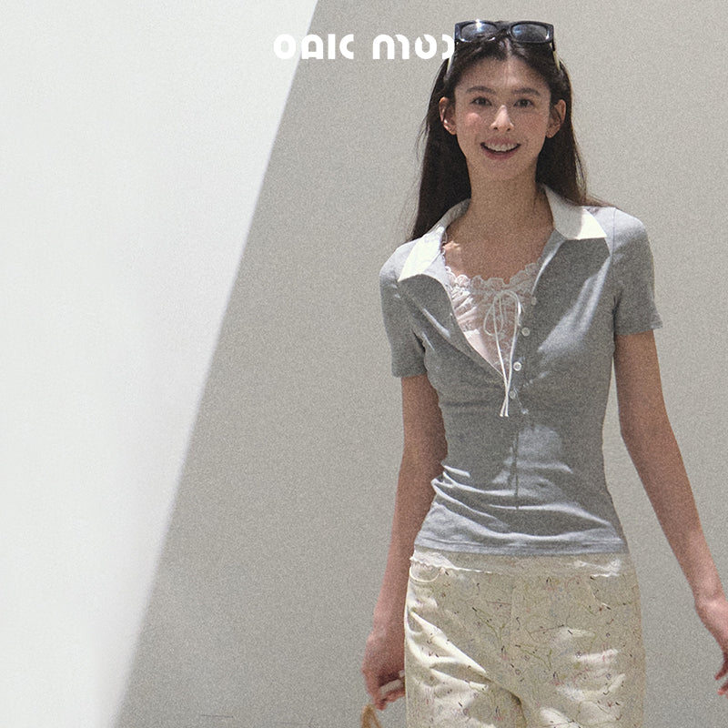 Layered-Look Polo Collar Top With Lace Detail
