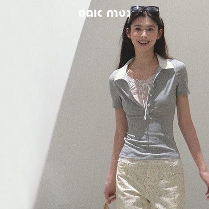 Layered-Look Polo Collar Top With Lace Detail