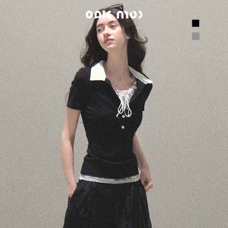 Layered-Look Polo Collar Top With Lace Detail