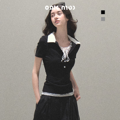 Layered-Look Polo Collar Top With Lace Detail