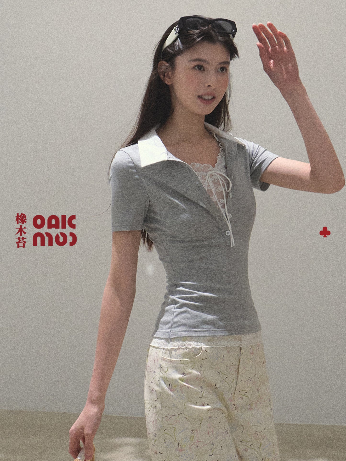 Layered-Look Polo Collar Top With Lace Detail