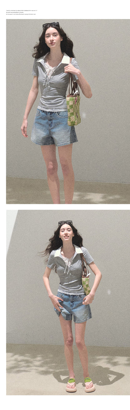 Layered-Look Polo Collar Top With Lace Detail