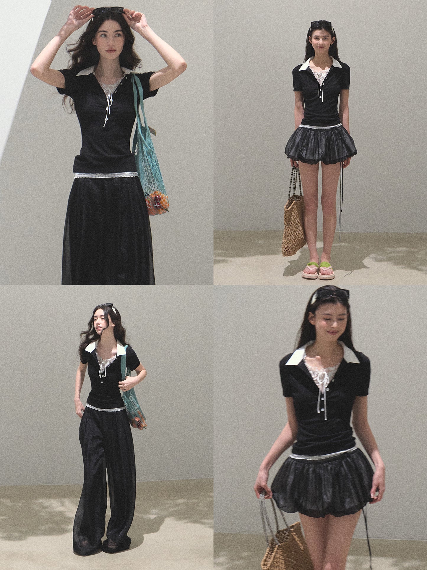 Layered-Look Polo Collar Top With Lace Detail