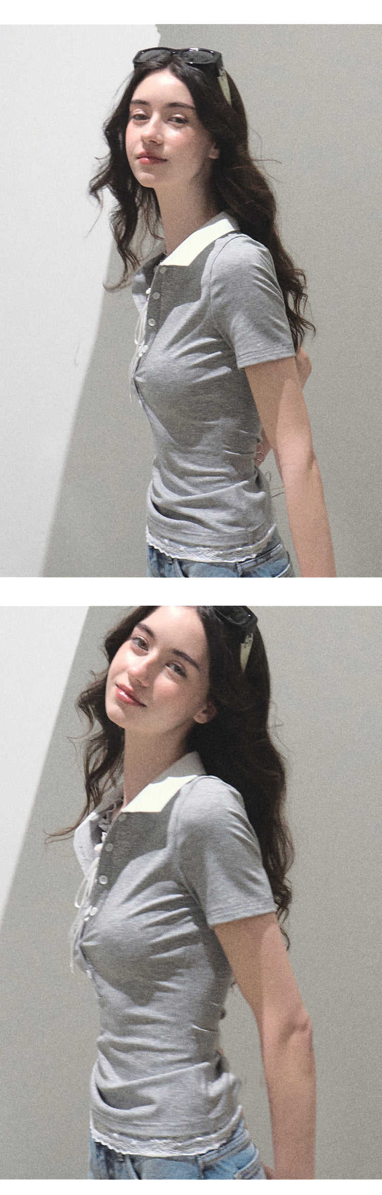 Layered-Look Polo Collar Top With Lace Detail