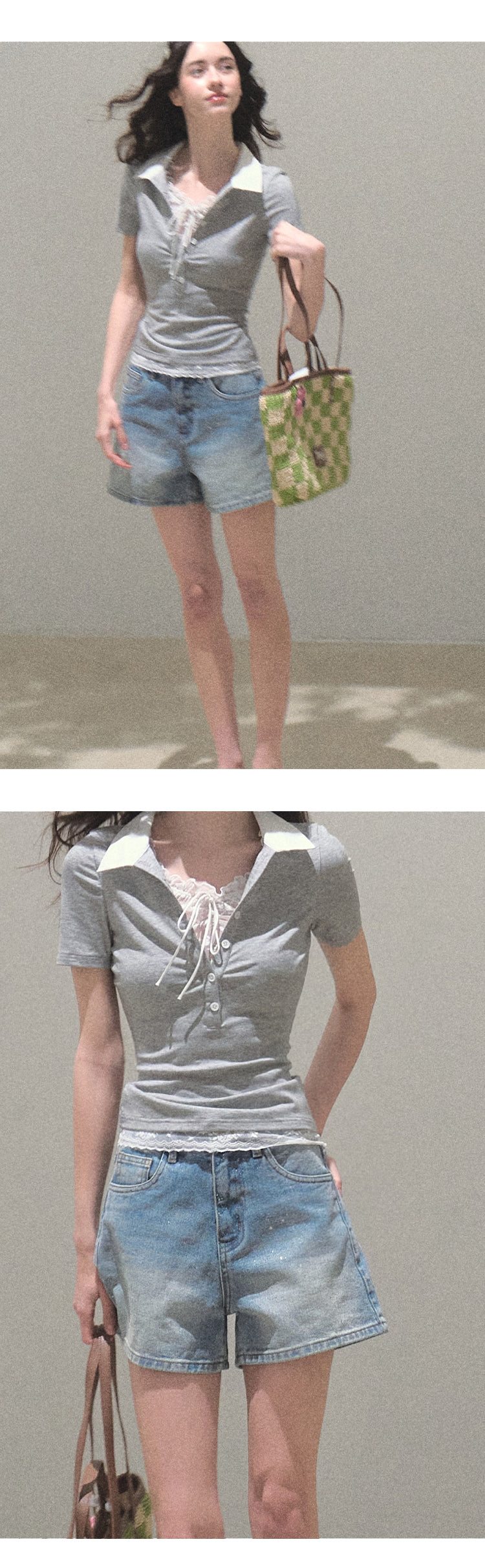 Layered-Look Polo Collar Top With Lace Detail