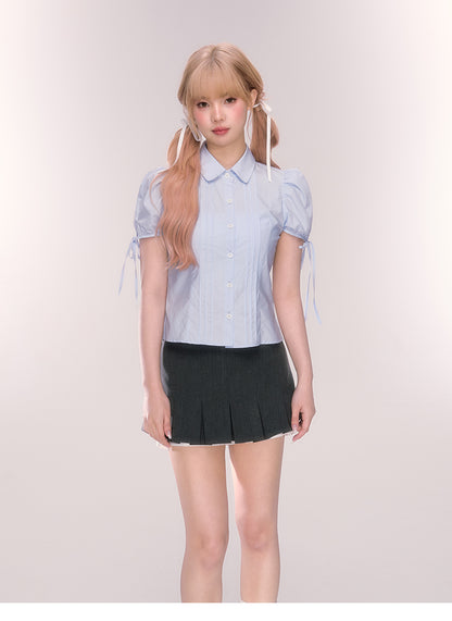 Pintuck Puff-Sleeve Cotton Blouse With Ribbons