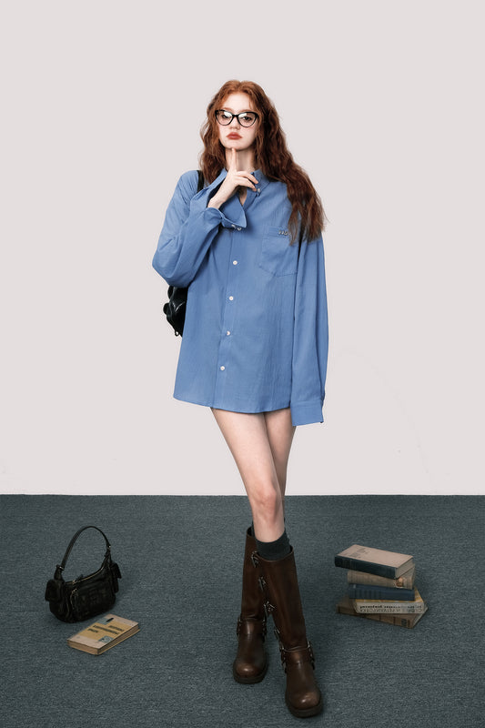Relaxed Fit Crinkled Cotton Boyfriend Shirt