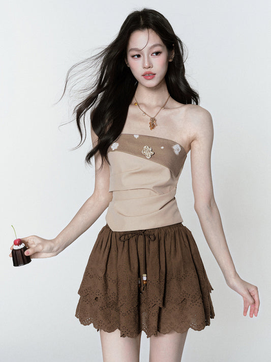Embroidered Tiered Skirt With Beaded Drawstring