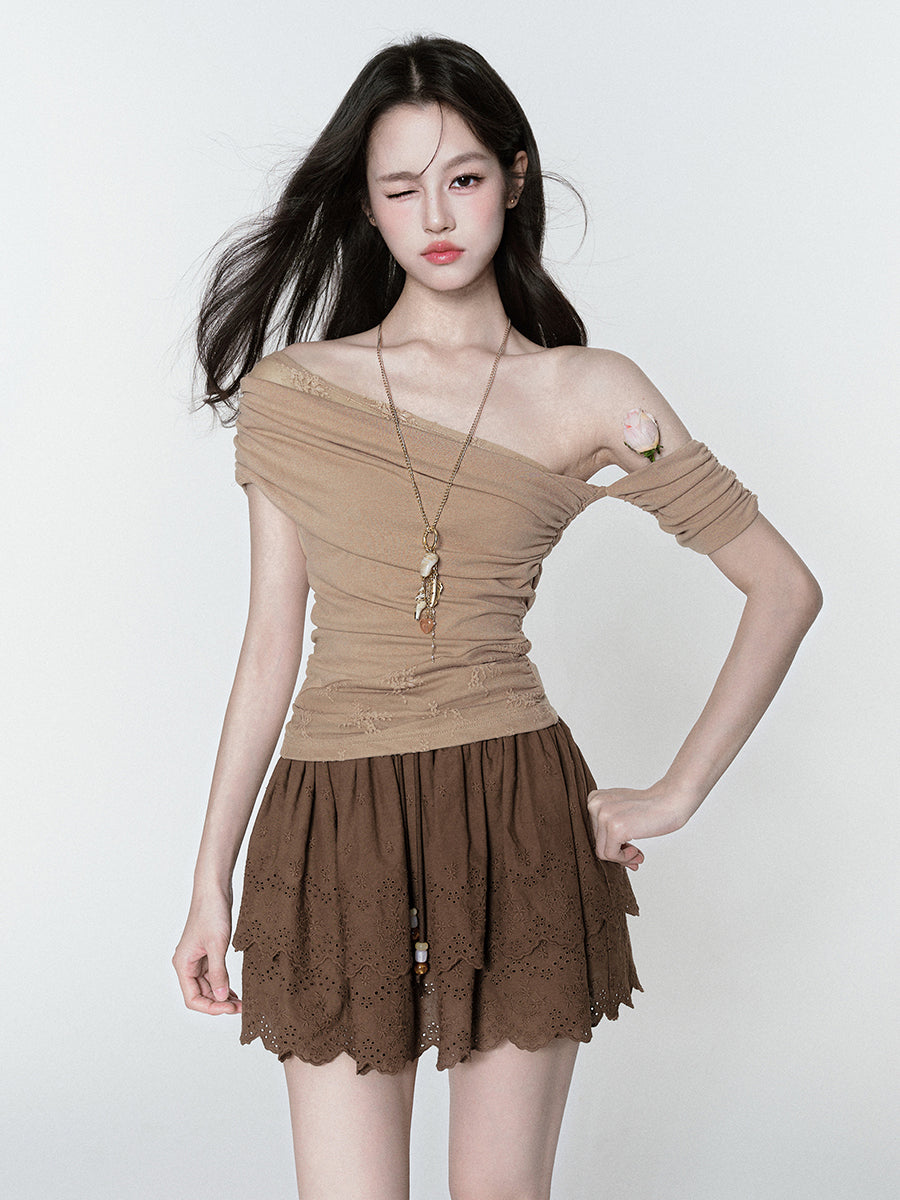Embroidered Tiered Skirt With Beaded Drawstring