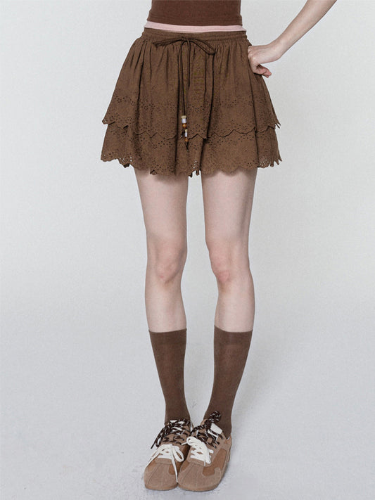 Embroidered Tiered Skirt With Beaded Drawstring