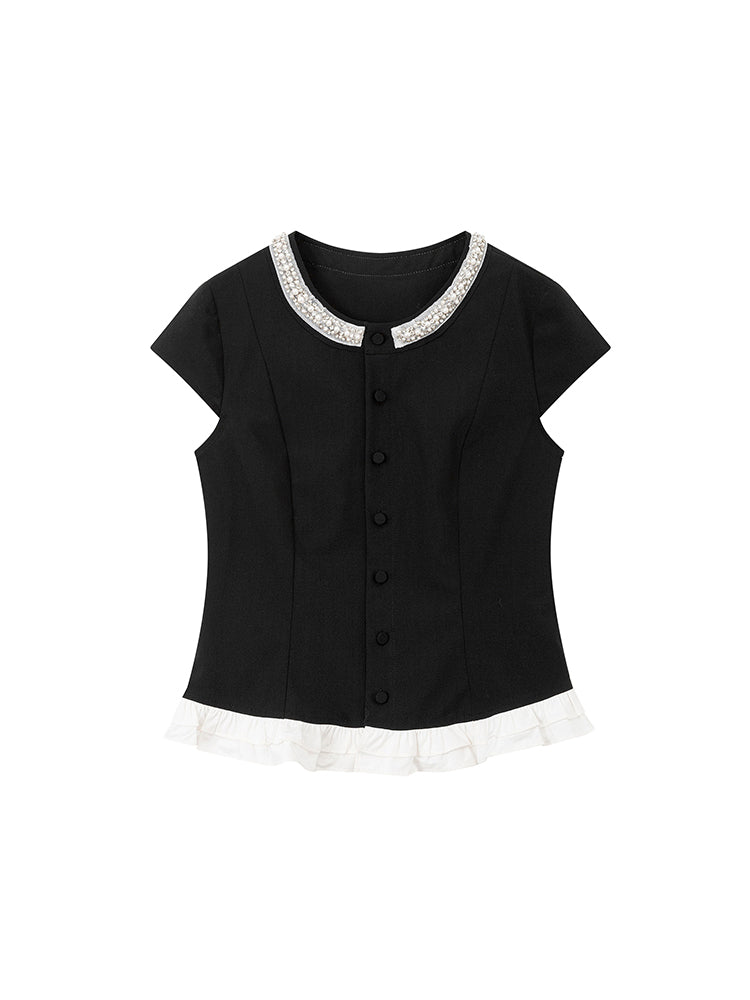 Pearl Bead Accent Button-Up Blouse