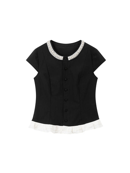Pearl Bead Accent Button-Up Blouse