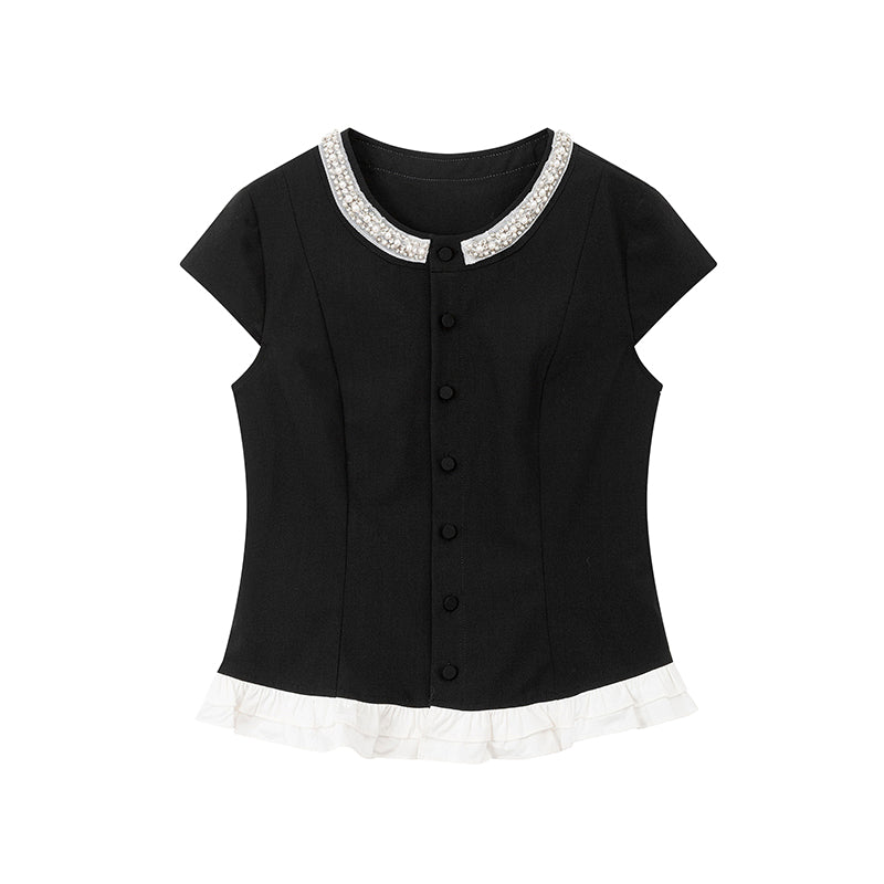 Pearl Bead Accent Button-Up Blouse
