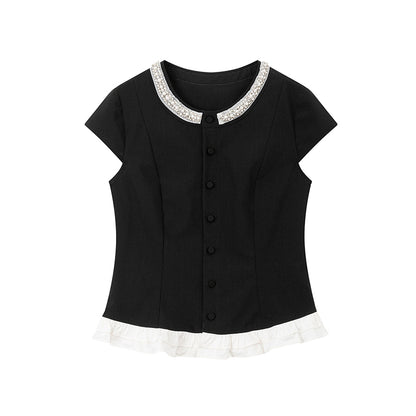 Pearl Bead Accent Button-Up Blouse