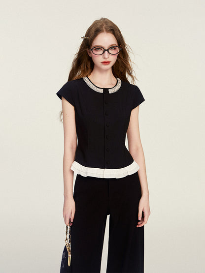 Pearl Bead Accent Button-Up Blouse