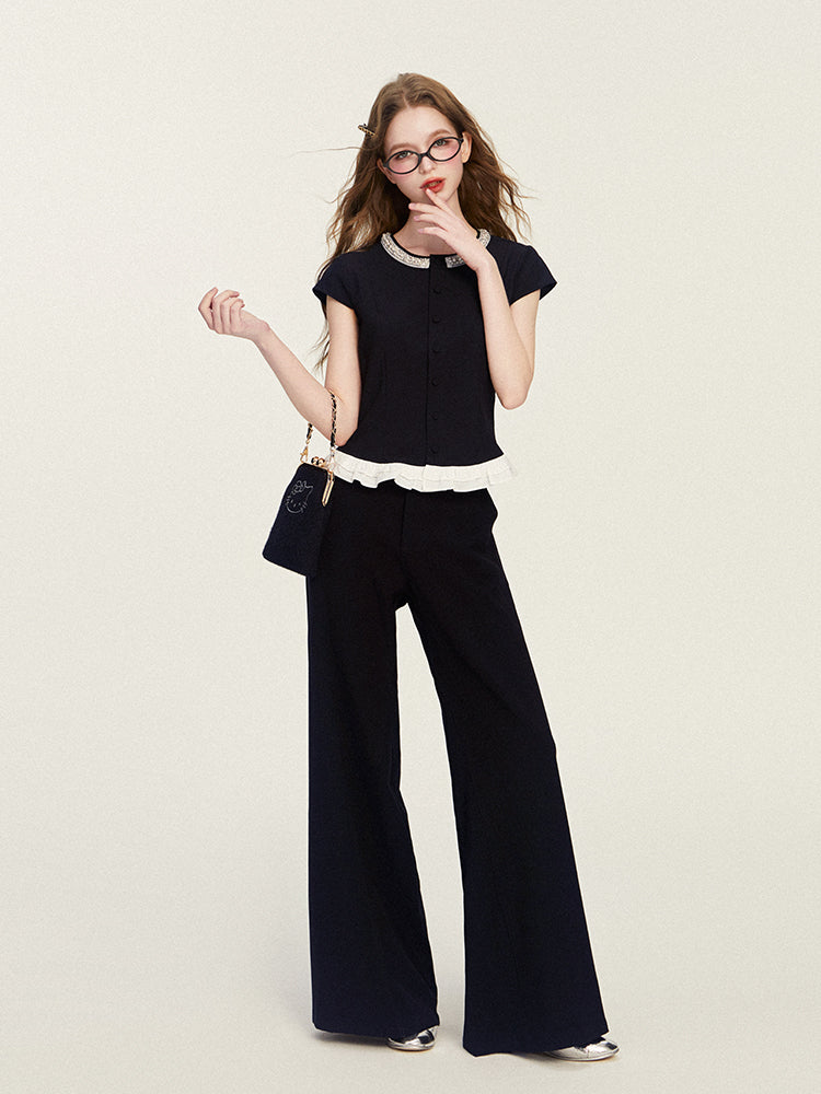Pearl Bead Accent Button-Up Blouse