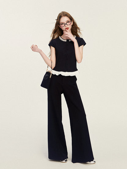 Pearl Bead Accent Button-Up Blouse