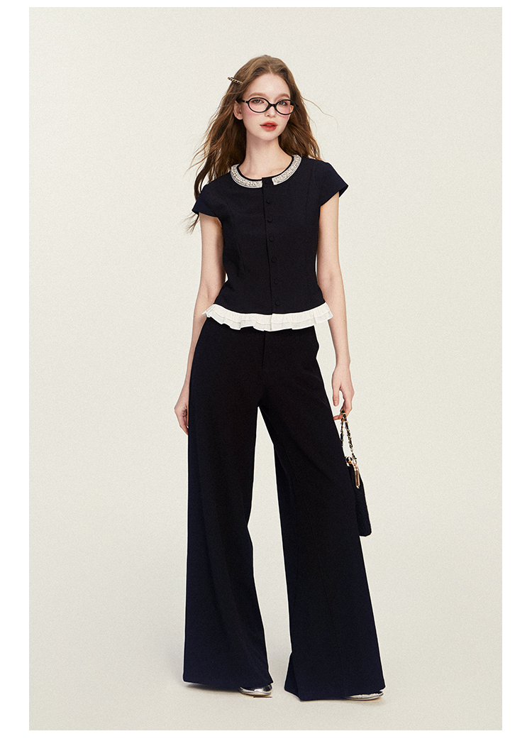 Pearl Bead Accent Button-Up Blouse