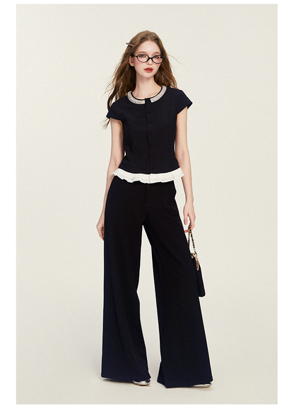 Pearl Bead Accent Button-Up Blouse