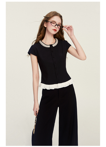 Pearl Bead Accent Button-Up Blouse