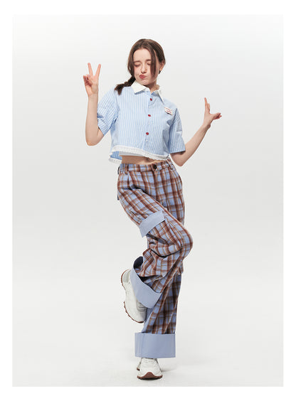 Striped Cropped Shirt With Lace Trim & Floral Embroidery