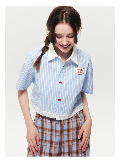 Striped Cropped Shirt With Lace Trim & Floral Embroidery