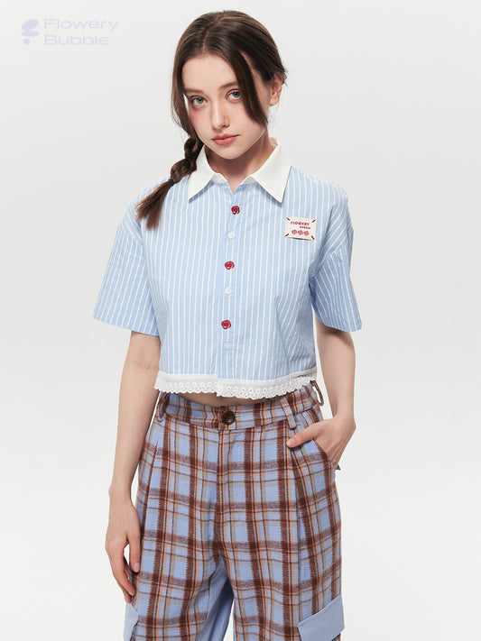 Striped Cropped Shirt With Lace Trim & Floral Embroidery