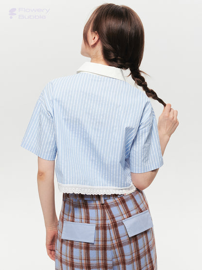 Striped Cropped Shirt With Lace Trim & Floral Embroidery