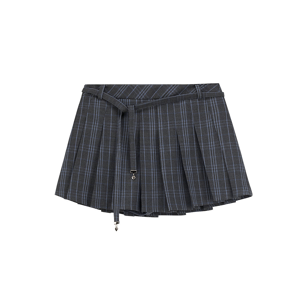 Pleated Plaid Mini Skirt With Strap Detail