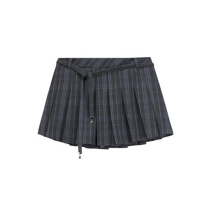 Pleated Plaid Mini Skirt With Strap Detail