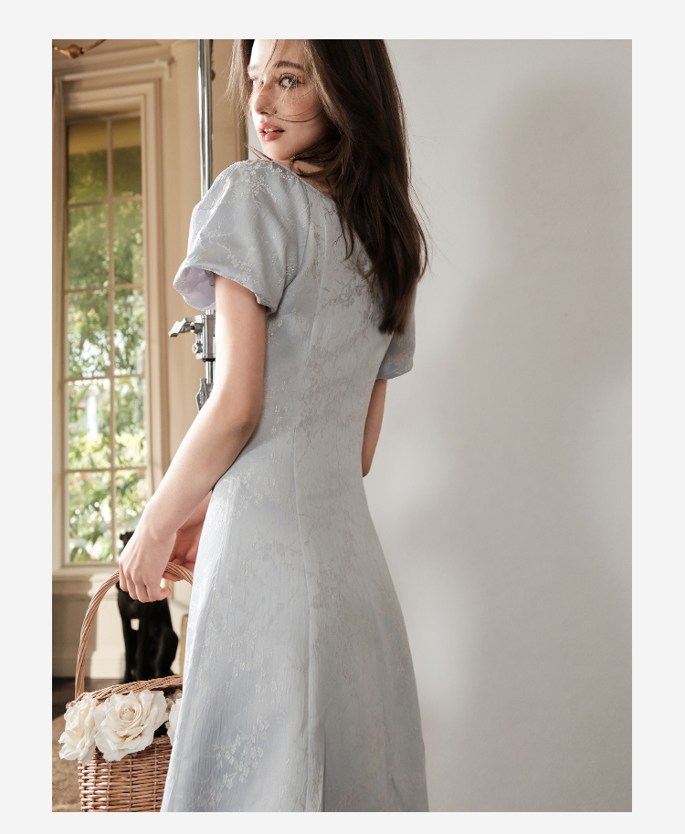 Bubble-Sleeve Jacquard Satin Dress