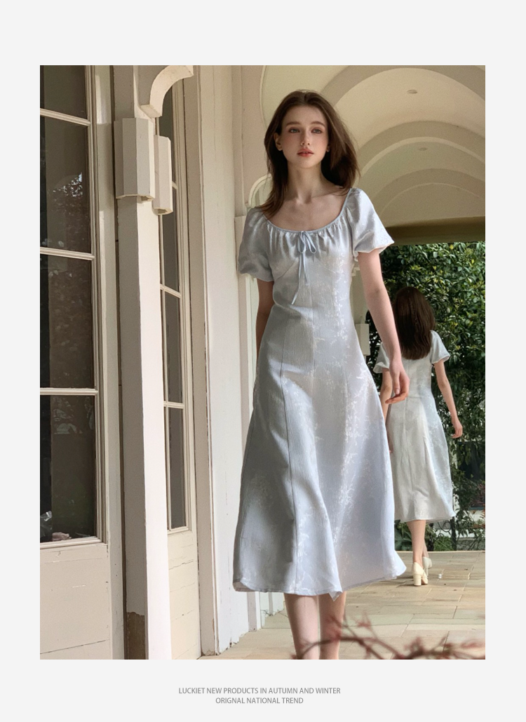 Bubble-Sleeve Jacquard Satin Dress