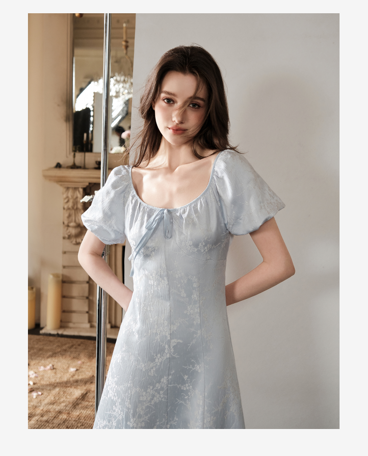 Bubble-Sleeve Jacquard Satin Dress