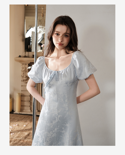 Bubble-Sleeve Jacquard Satin Dress