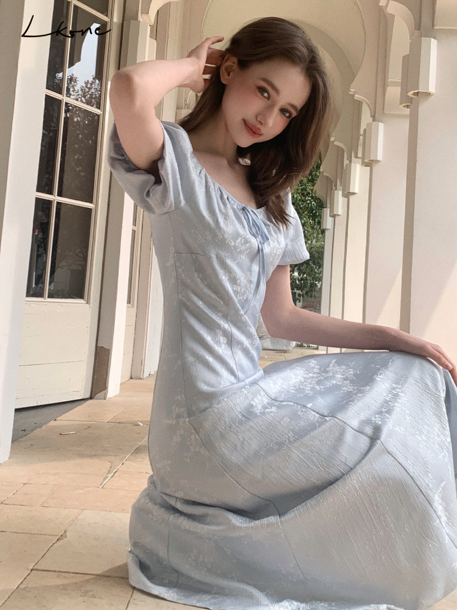 Bubble-Sleeve Jacquard Satin Dress