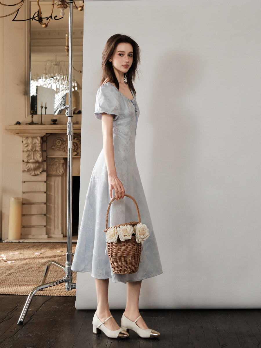 Bubble-Sleeve Jacquard Satin Dress