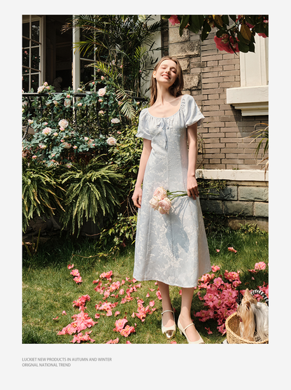 Bubble-Sleeve Jacquard Satin Dress