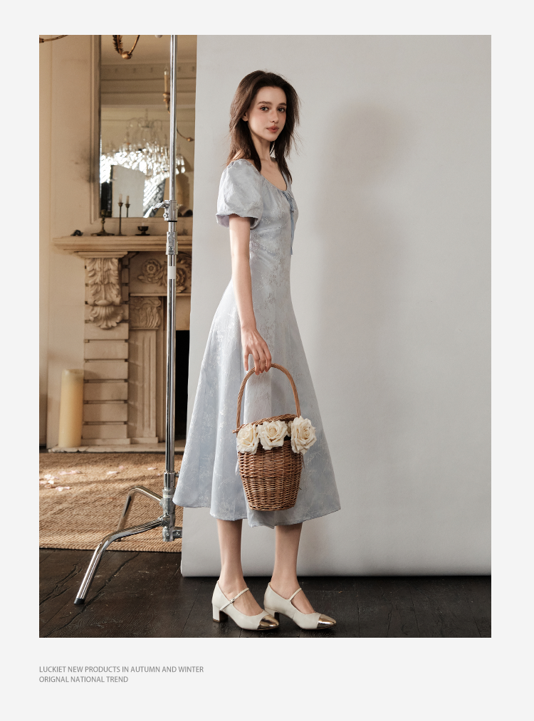 Bubble-Sleeve Jacquard Satin Dress