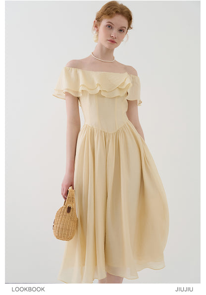 Ruffled Off-Shoulder Chiffon Dress