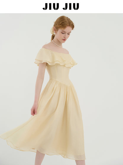 Ruffled Off-Shoulder Chiffon Dress