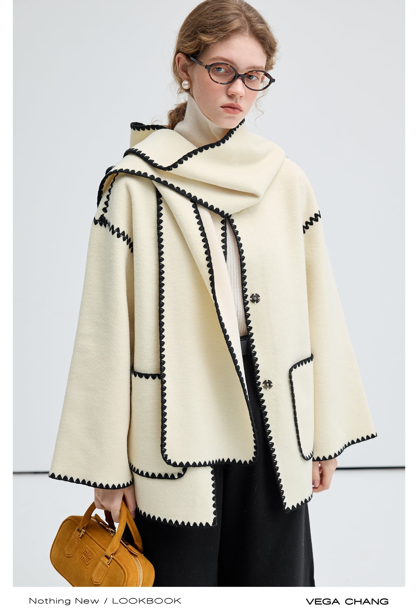 Double-Faced Short Coat With Hooded Scarf