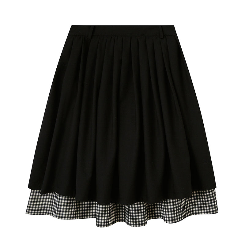 Pleated Midi Skirt With Check Layered Hem