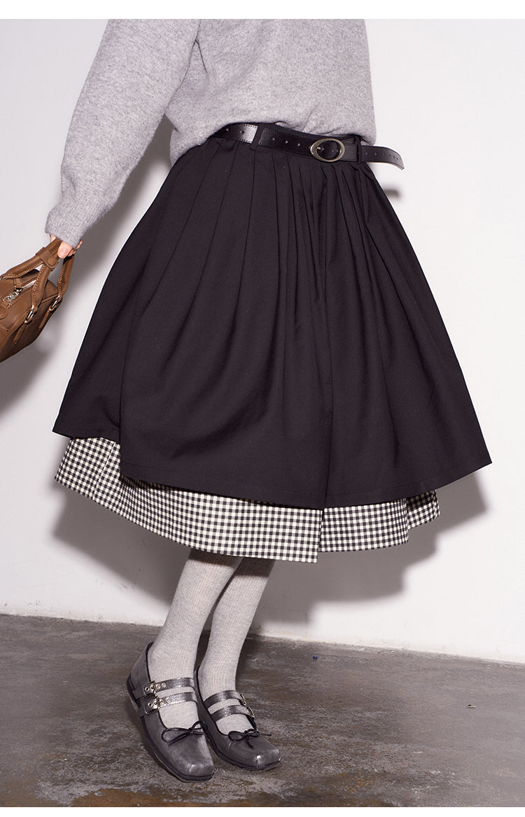 Pleated Midi Skirt With Check Layered Hem