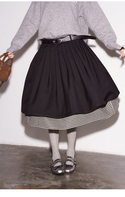 Pleated Midi Skirt With Check Layered Hem