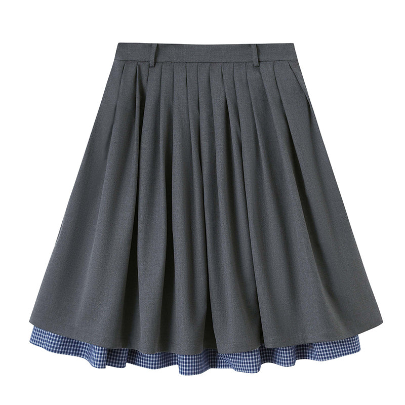 Pleated Midi Skirt With Check Layered Hem